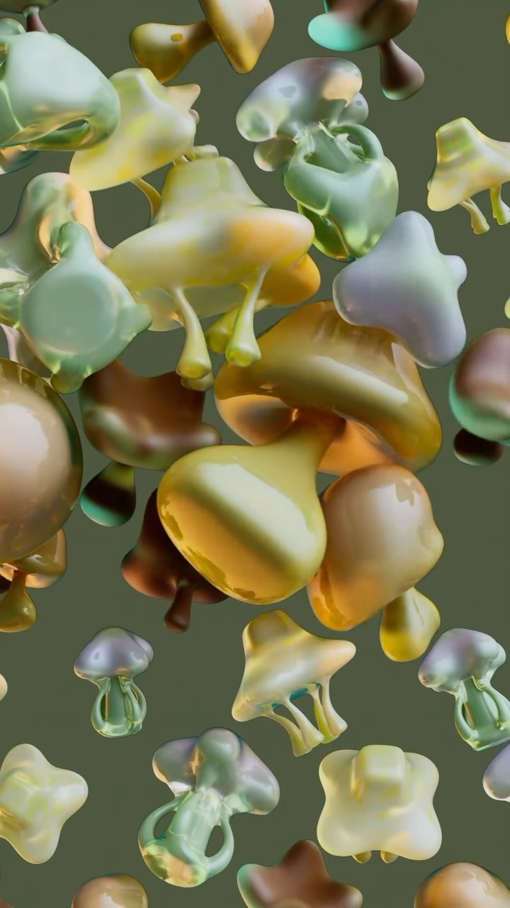 Abstract floating 3D shapes in tones of green, yellow, brown, and white against a pale green background create a surreal organic scene.