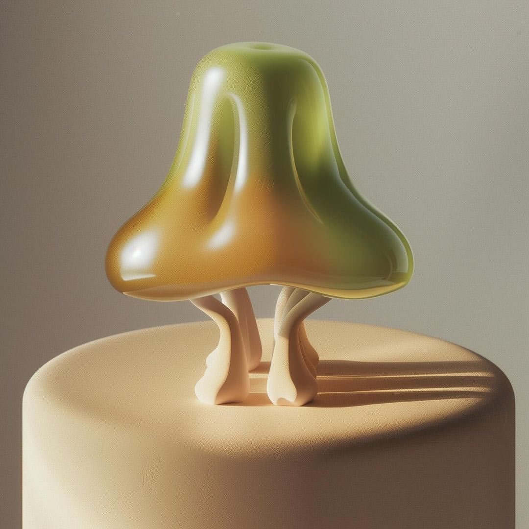 Whimsical CGI still life of a mushroom-like object with stem-like legs on a round base, rendered in soft lighting and pastel colors.