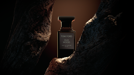 Tom Ford Oud Wood perfume bottle prominently displayed between rough wood pieces against a warm brown gradient background in a studio setting.