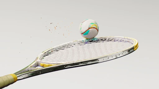 Tennis ball impacting a tennis racket, resulting in a scattering of debris. The scene is set against a solid white backdrop.