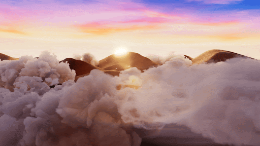 Sunrise over rolling hills with puffy clouds, creating a scenic, dreamy, and picturesque landscape with warm color palette.
