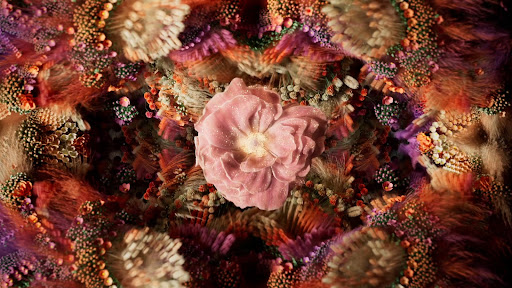 Macro photography of a single pink flower surrounded by tiny coral and peach-colored plant-like structures with white spots.