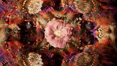 Close-up of a pink rose center surrounded by a vibrant symmetrical kaleidoscope of textured floral and botanical elements.