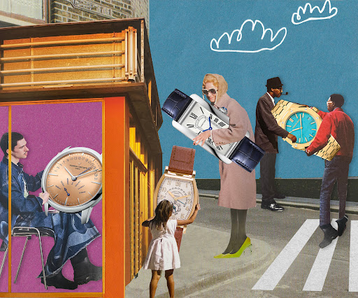 Collage of people in outdoor urban setting holding oversized watches of various designs and colors, under a blue sky with sketched clouds.
