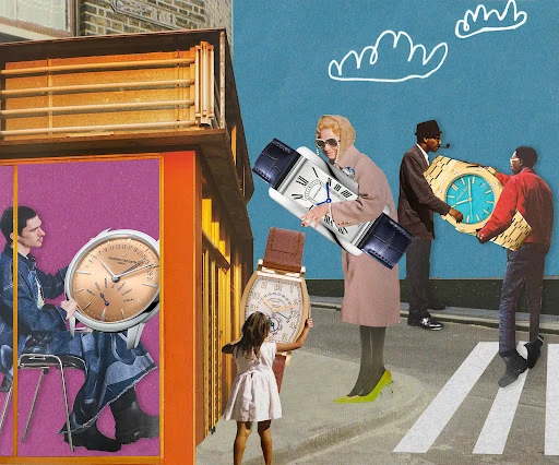 Collage of people in outdoor urban setting holding oversized watches of various designs and colors, under a blue sky with sketched clouds.