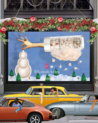 Elizabeth Arden brand advertisement featuring a hand adding a skincare capsule to a snowman on a billboard over a city street with cars.