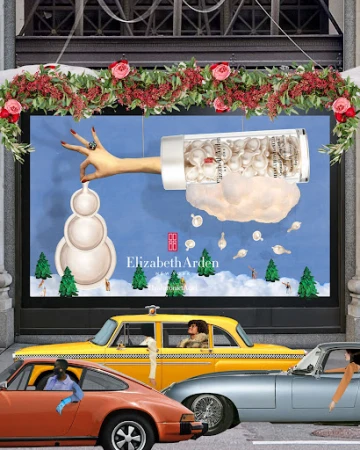 Elizabeth Arden brand advertisement featuring a hand adding a skincare capsule to a snowman on a billboard over a city street with cars.