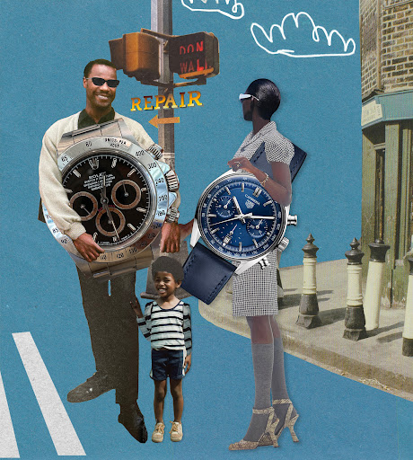 Collage of a family of three including a man, woman, and child with large wristwatch overlays on a blue background in a street scene.