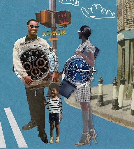 Collage of a family of three including a man, woman, and child with large wristwatch overlays on a blue background in a street scene.