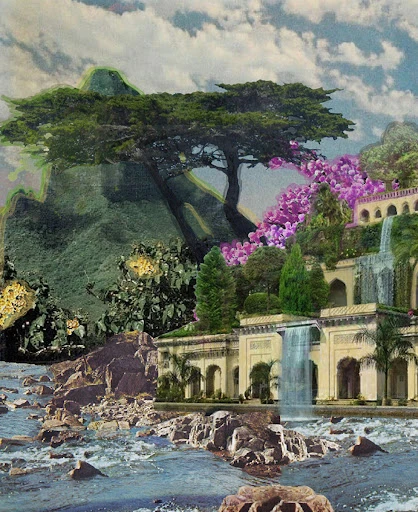 Surreal collage featuring a building with a waterfall, lush green trees, purple flowers, rocks, and a river flowing in the foreground.