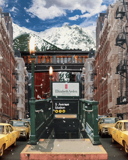 NYC street scene with Elizabeth Arden signage above the subway entrance, yellow cabs, and snow-capped mountains in the background.