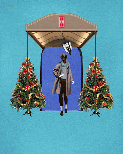Fashion mannequin in a grey overcoat stands under an awning between two Christmas trees on a solid blue background in a digitally composed image.