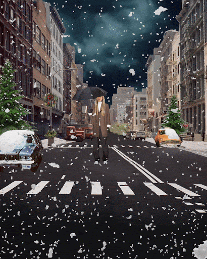 Woman in coat crossing street in snow, holding an umbrella. Cars, buildings, and Christmas trees are visible in the background.
