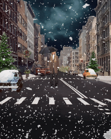 Woman in coat crossing street in snow, holding an umbrella. Cars, buildings, and Christmas trees are visible in the background.
