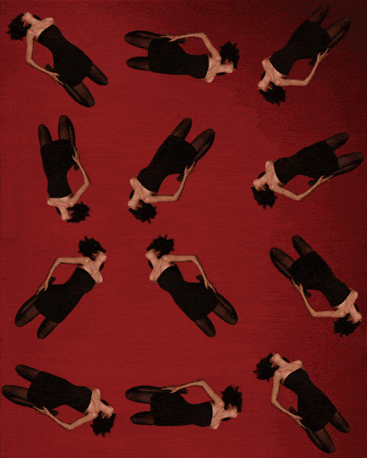 Multiple women in black dresses are arranged against a red background, creating a patterned, slightly distorted composition.