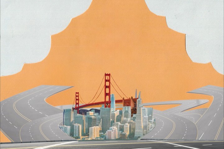 Cityscape artwork featuring a stylized skyline, Golden Gate Bridge, and curving roads on a textured background in shades of orange and white.