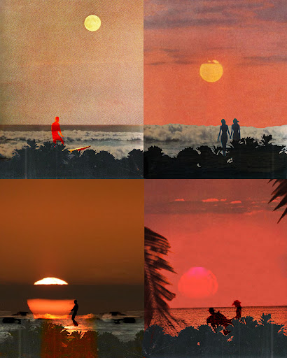Four beach scenes at sunset, including a surfer, couple, and single figures against the setting sun and ocean waves.