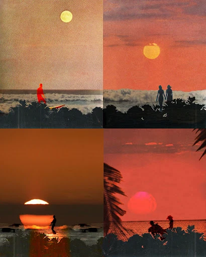 Four beach scenes at sunset, including a surfer, couple, and single figures against the setting sun and ocean waves.