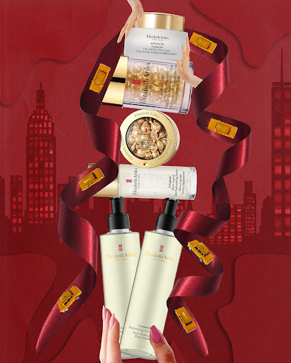 Cosmetic products by Elizabeth Arden, including skincare and anti-aging serums, are displayed with taxi cab accents and NYC backdrop.