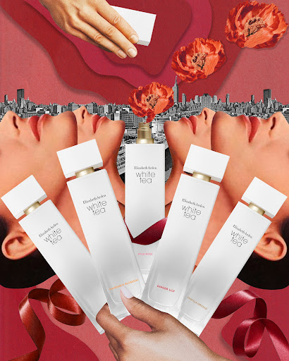 Still life composite showcasing Elizabeth Arden White Tea perfume bottles with female faces, a cityscape, and floral accents in a surreal layout.