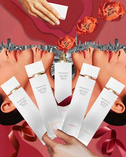 Still life composite showcasing Elizabeth Arden White Tea perfume bottles with female faces, a cityscape, and floral accents in a surreal layout.