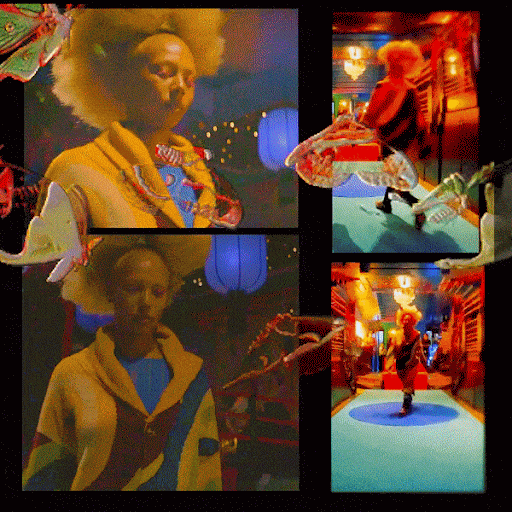 Person with blonde afro in a colorful geometric patterned outfit and insect wings in a whimsical collage with warm and cool lighting.