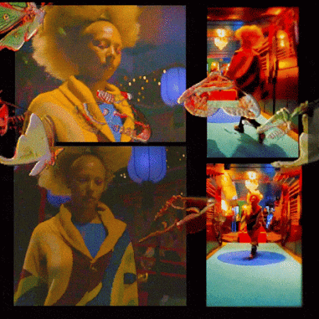 Person with blonde afro in a colorful geometric patterned outfit and insect wings in a whimsical collage with warm and cool lighting.