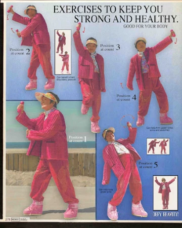 Woman in a pink suit demonstrates five fitness exercises. The text promotes healthy living, with a sandy beach background.