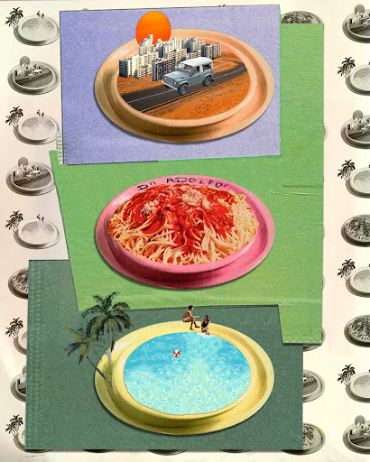 Collage art featuring an apartment complex, spaghetti dish, and swimming pool on plates, creating a surreal food-themed artwork.