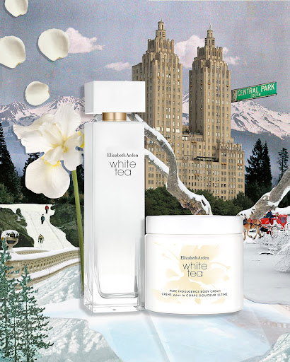 Product shot of Elizabeth Arden White Tea perfume and body cream set against a snowy landscape backdrop and cityscape.