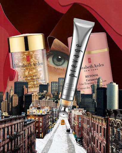 Beauty product collage featuring Elizabeth Arden capsules and Prevage serum against a cityscape backdrop with a woman's eye in background.