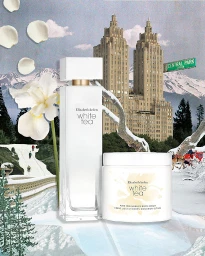 Collage of Elizabeth Arden White Tea perfume bottle and cream jar against a winter park landscape backdrop