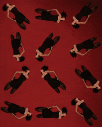 Overhead repeat pattern of women in black dresses and tights against a deep red textured background by Giorgia Ascolani.