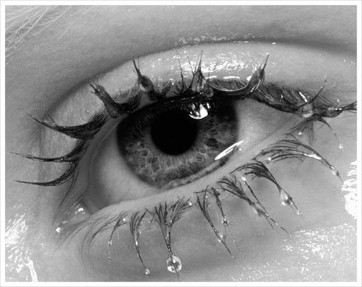 Close-up macro photography of a human eye in black and white with water droplets clinging to the eyelashes.