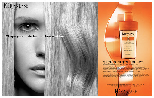 Kerastase hair product advertisement featuring a blonde woman's face and hair alongside the Vernis Nutri-Sculpt product bottle on orange background.