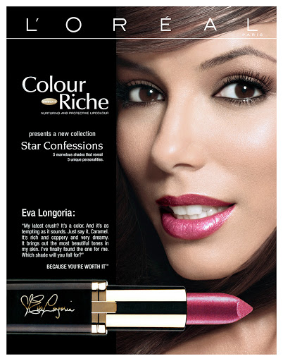Cosmetic advertisement featuring a woman's face, a lipstick tube, and product branding for L'Oréal Colour Riche lip products.