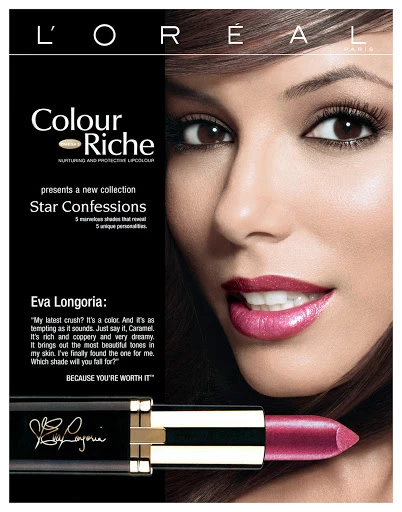 Cosmetic advertisement featuring a woman's face, a lipstick tube, and product branding for L'Oréal Colour Riche lip products.