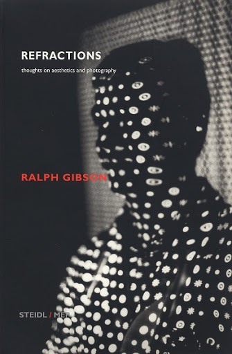 Black and white book cover featuring a person covered in white dots, titled 'Refractions' by Ralph Gibson, with a geometric background.