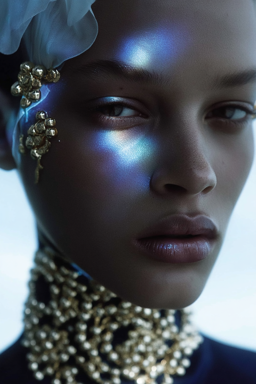 Close-up portrait of a female model with artistic lighting, gold embellishments, and a beaded choker, set against a soft, light background.