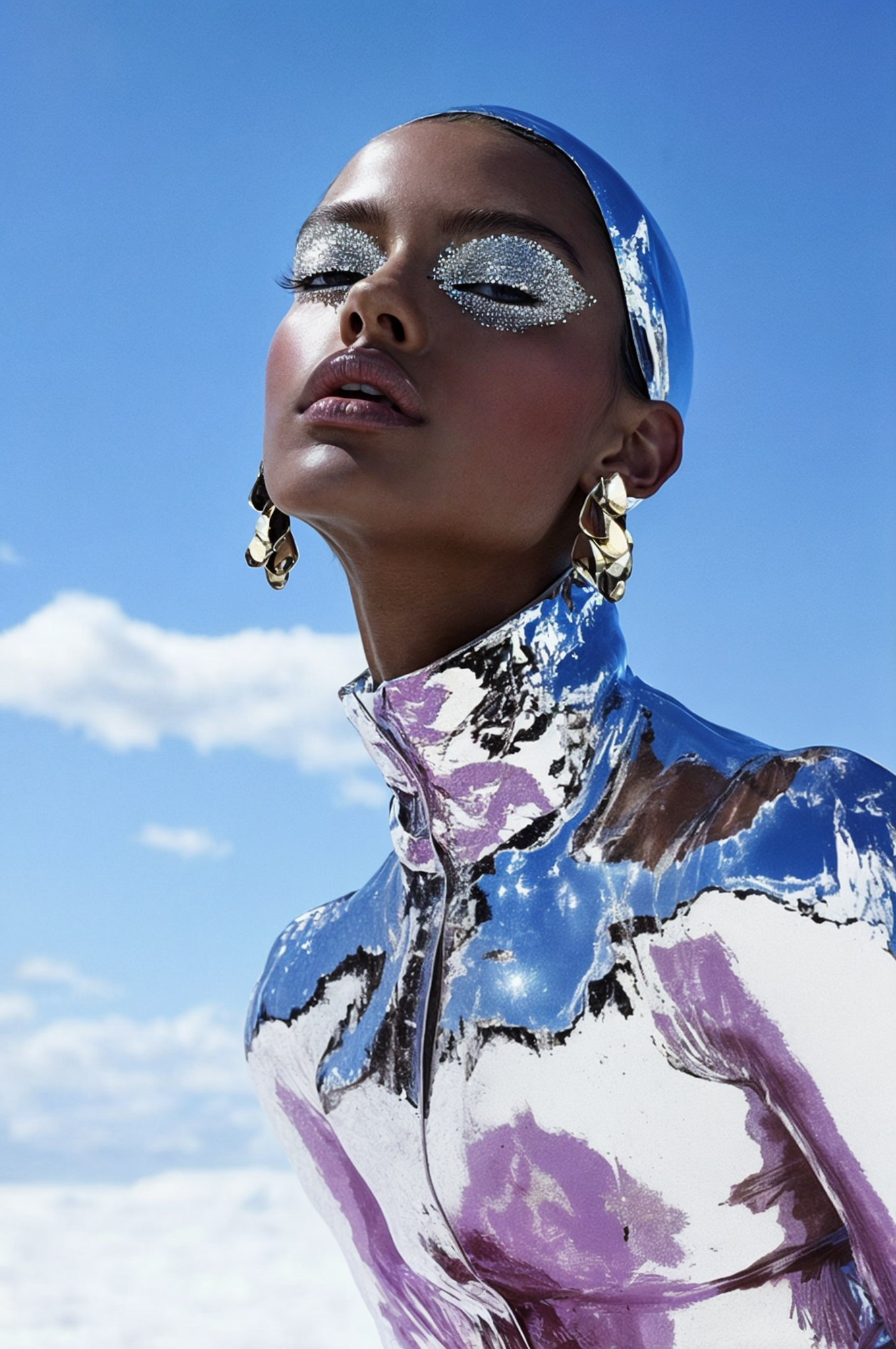 Fashion portrait of a Black woman with silver glitter eyeshadow and a metallic outfit, set against a bright blue sky and a bright sunny day.