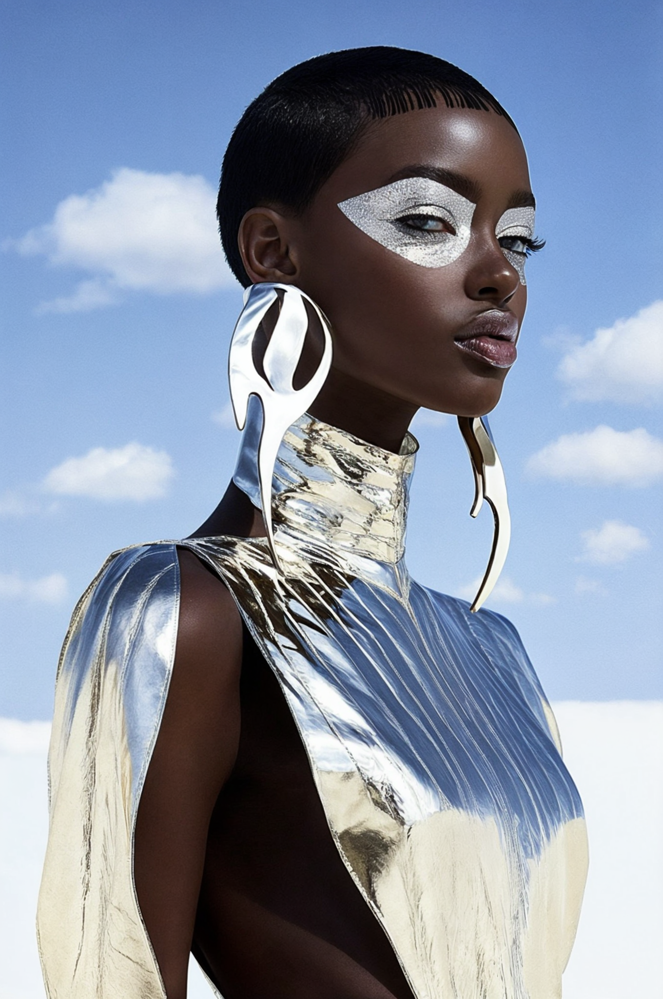 Striking portrait of a Black woman with short hair, silver face paint, and metallic dress against a bright blue sky with clouds.