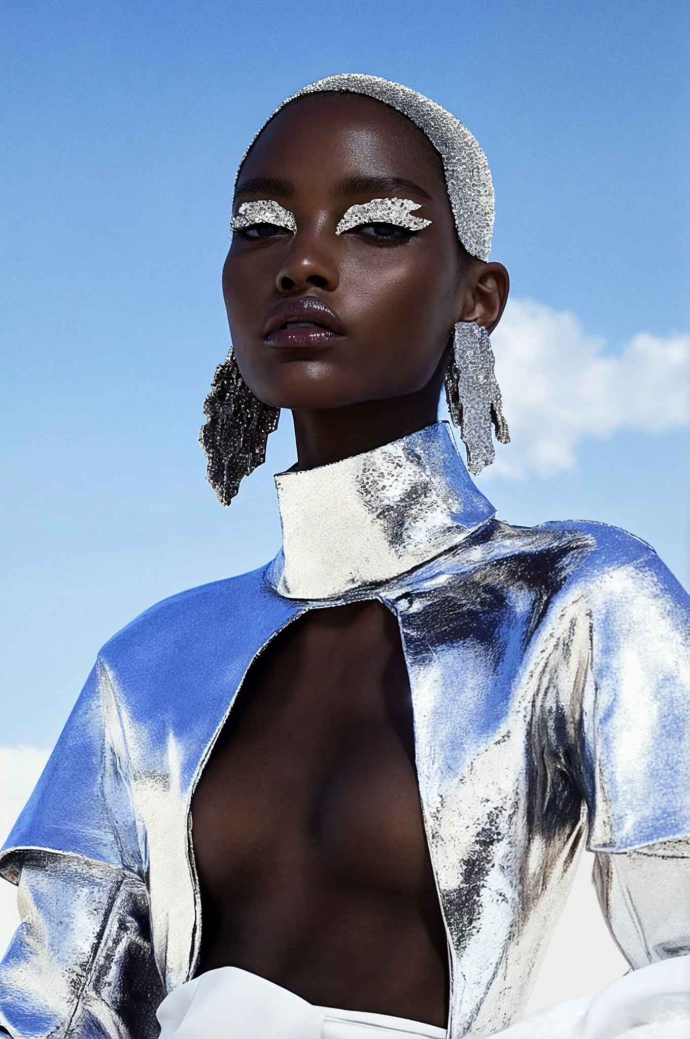 Close-up portrait of a dark-skinned woman wearing a shiny silver outfit, head covering, and matching eye makeup against a blue sky.