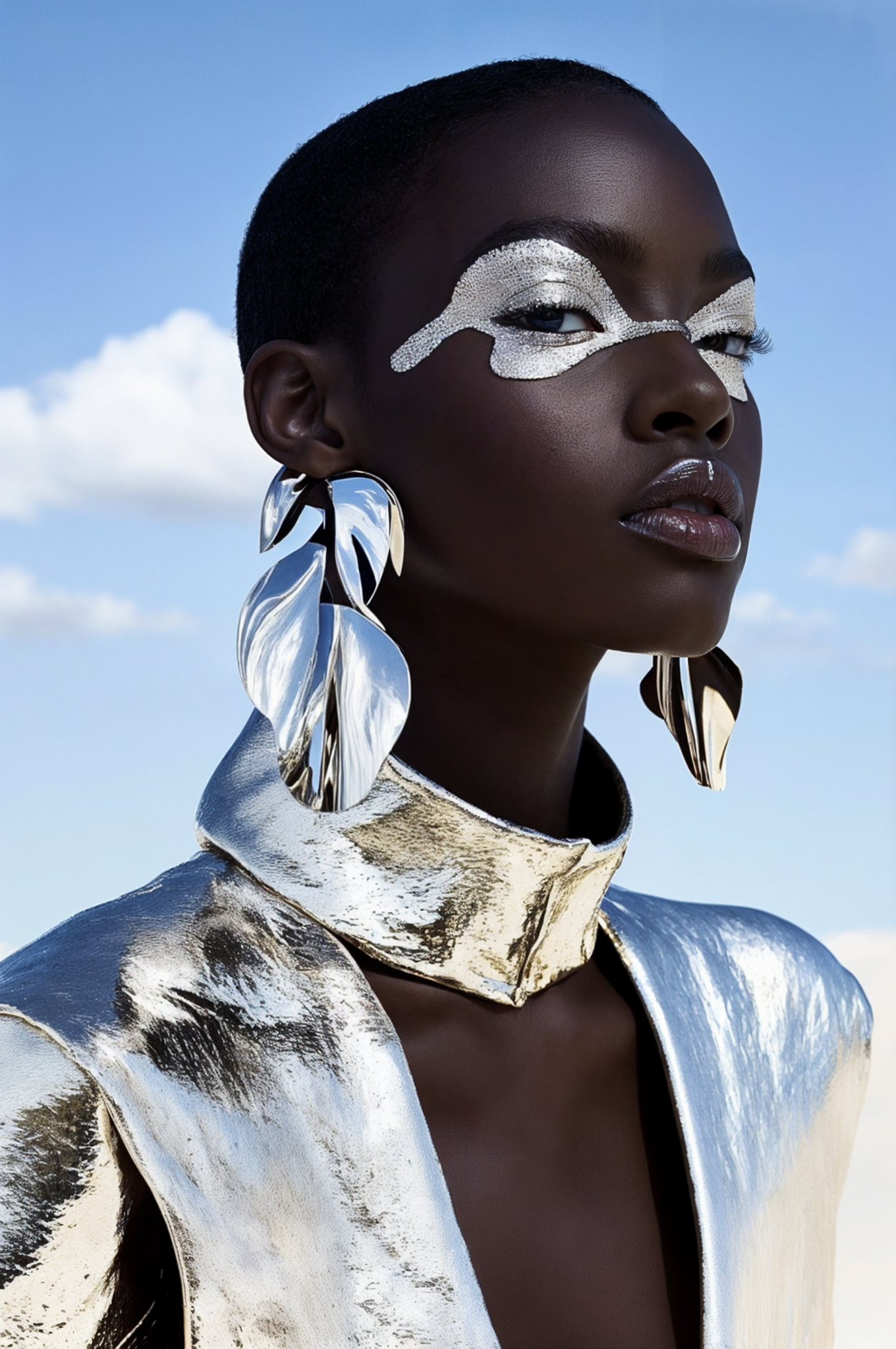 Close-up of a Black woman with silver makeup, leaf-shaped earrings, and a metallic silver outfit against a pale blue sky background.