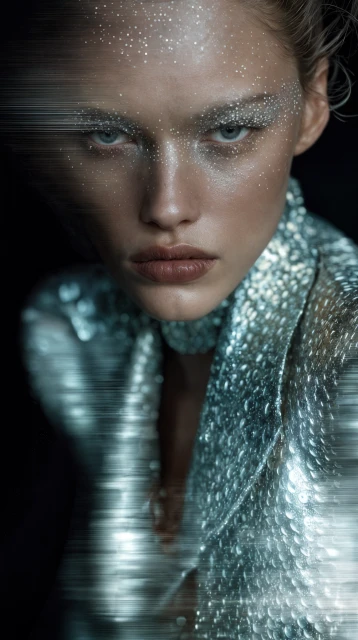 Close-up of an adult female with silver glitter eye makeup and a matching silver metallic garment against a dark background.