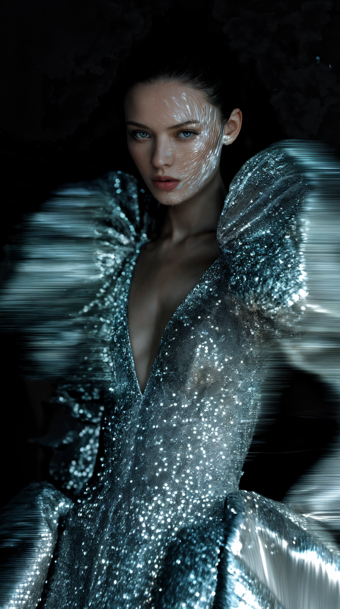 Woman wearing a sparkly silver gown with large puffed sleeves in a fashion style portrait on a dark blurred background.