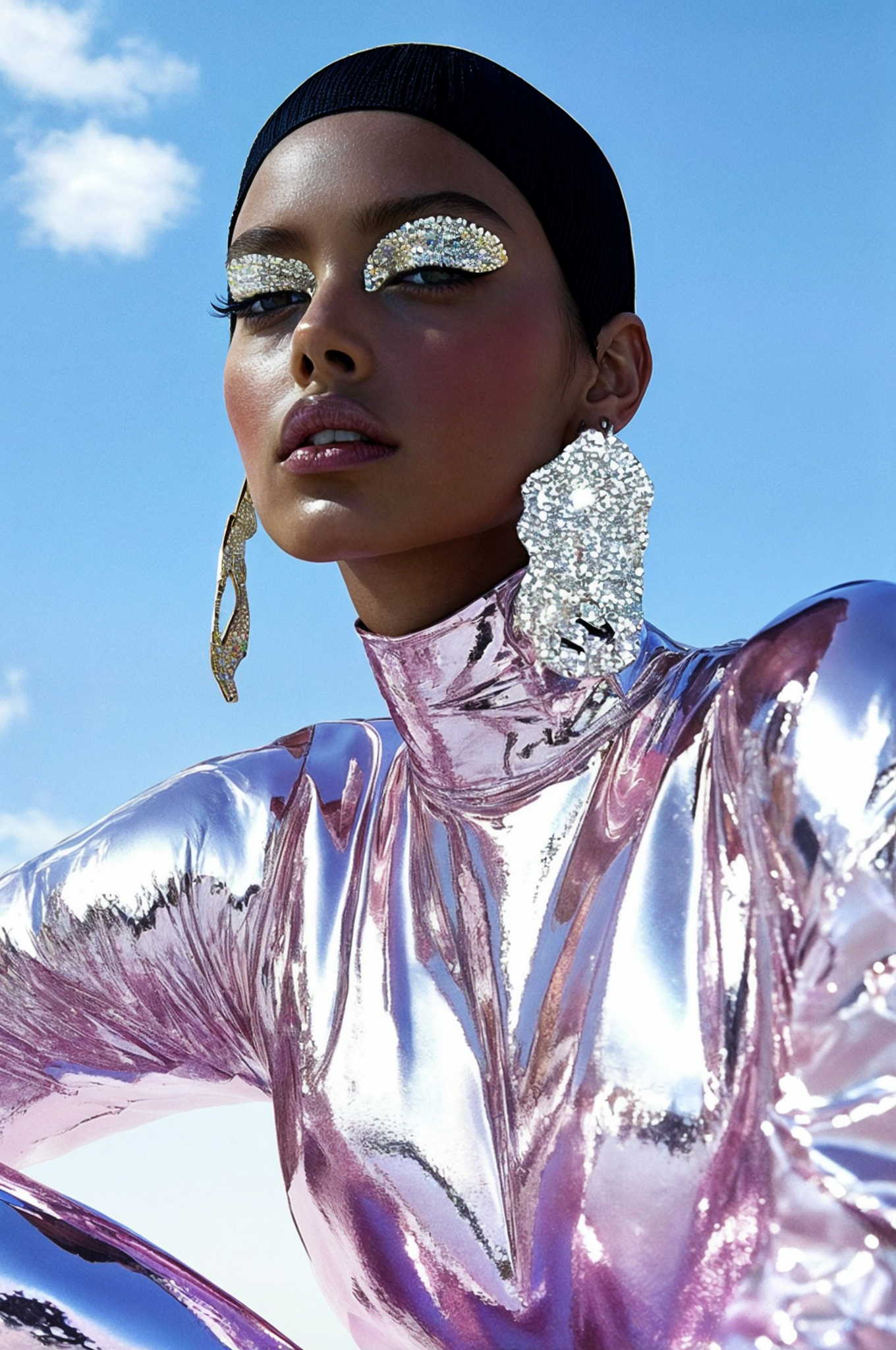 Close-up fashion shot of a woman with glitter eyeshadow and metallic pink turtleneck against a clear blue sky with light clouds.
