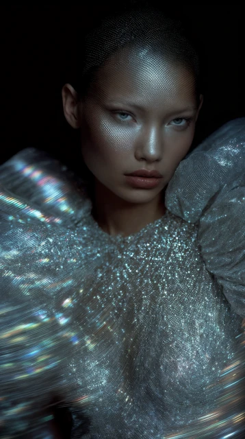 Close-up of an adult female model with fair skin and blue eyes posing in front of a dark background while wearing a shimmering dress.