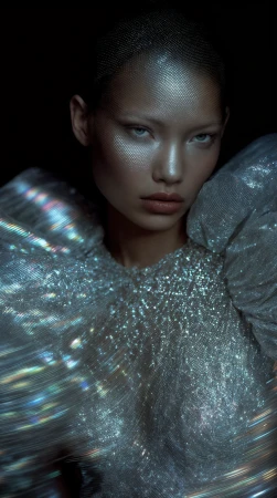 Close-up of an adult female model with fair skin and blue eyes posing in front of a dark background while wearing a shimmering dress.
