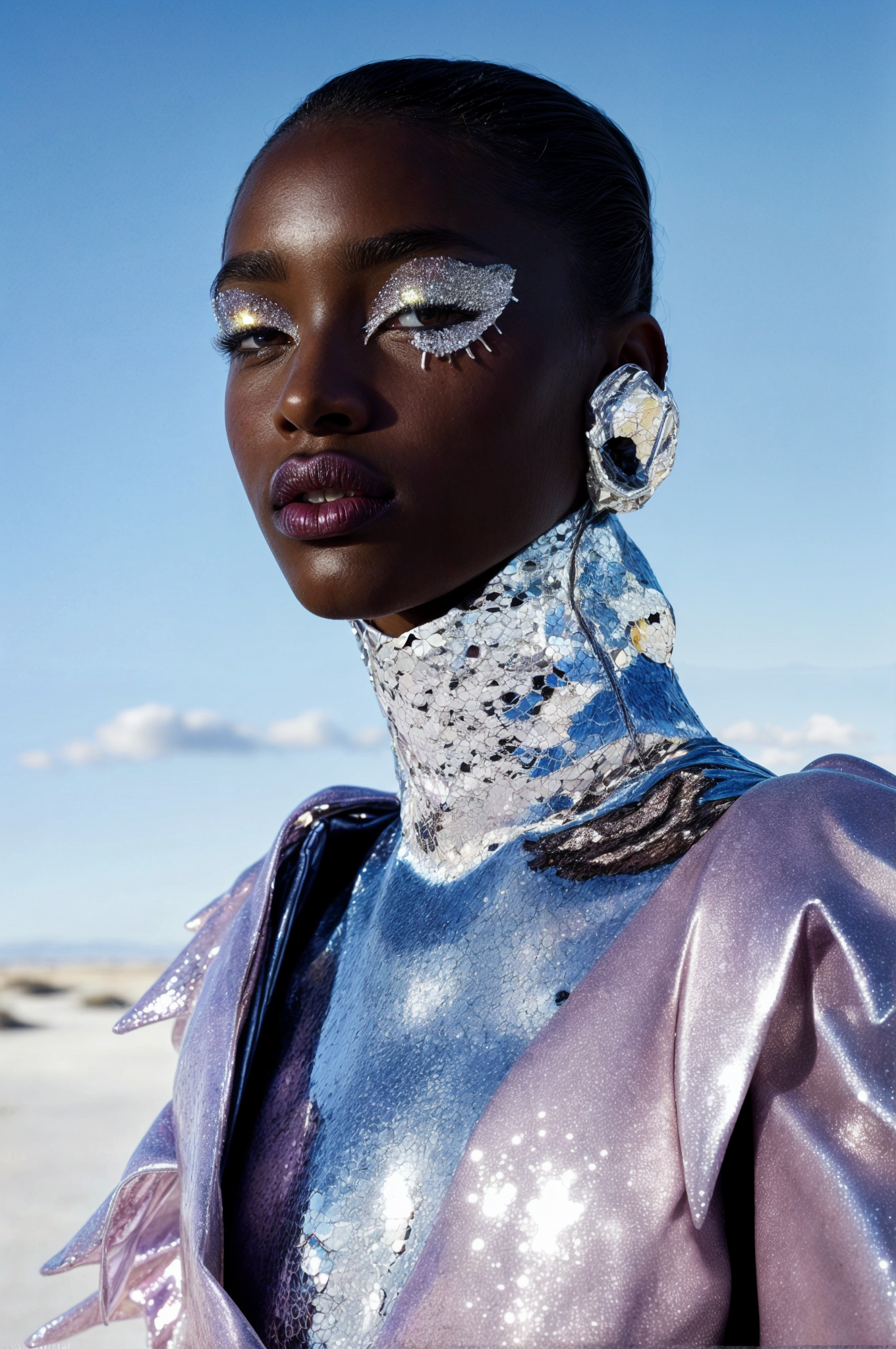 Close-up shot of a Black female model showcasing futuristic silver makeup, paired with a sequined high-neck top and silver earring against a blue sky.