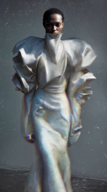 Elegant adult woman in a sculptural white gown posing in a studio against a textured gray background, creating a high-fashion portrait.